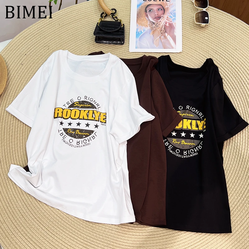 BIMEI短袖字母通勤T恤打底显瘦欧美风2025夏季印花正肩上衣22360