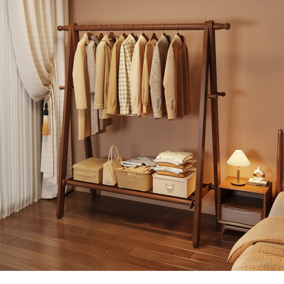 实木衣帽架卧室落地多功能可折叠挂衣架家用立式次净衣收纳置物架