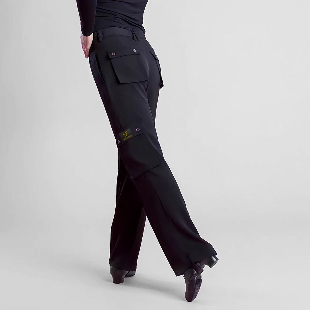 拉丁舞多口袋男士跳舞裤子成人专业国标舞春秋高腰直筒跳舞练功裤