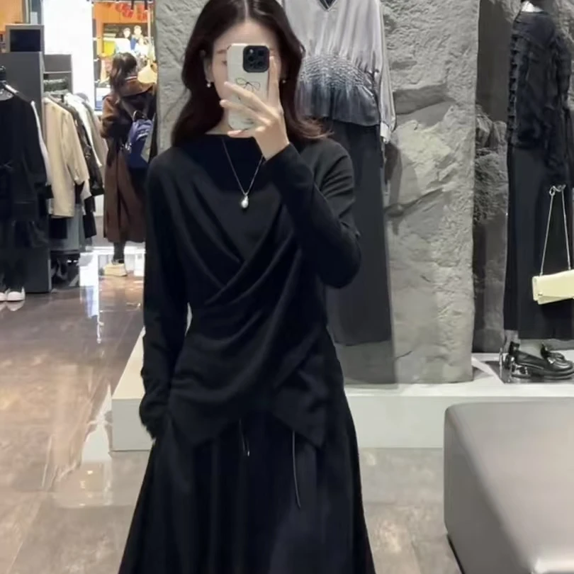 sdeer圣迪奥女装时尚休闲百搭一字领交叉不规则长袖T恤S23480203