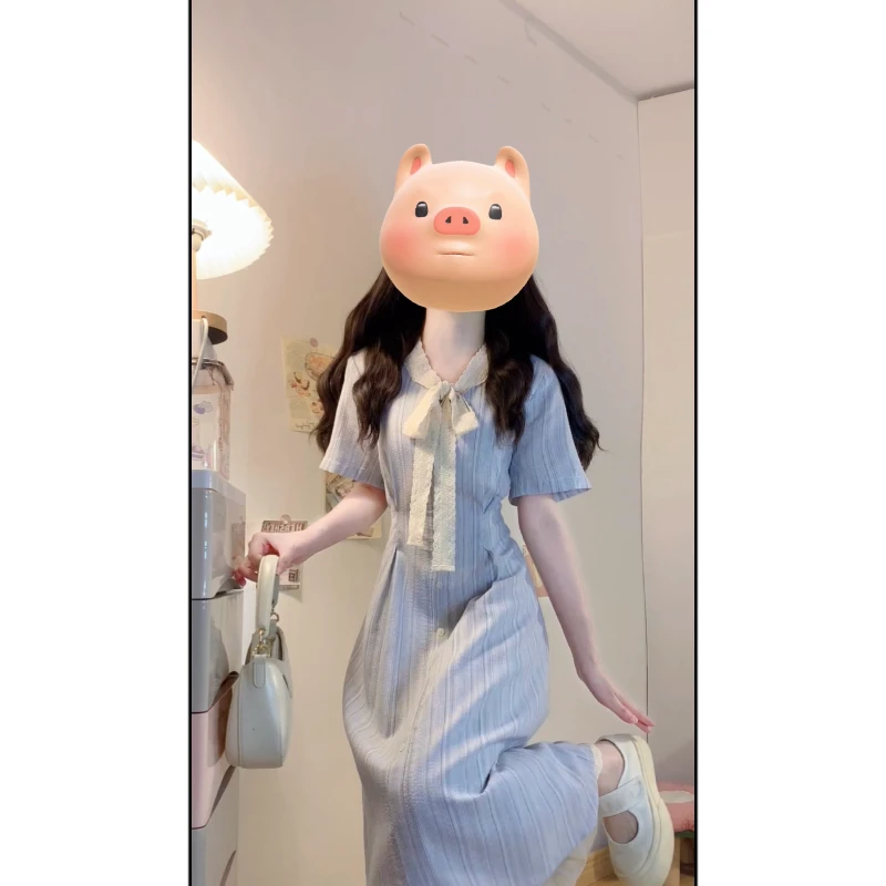 大码夏季新款法式竖条纹蝴蝶结连衣裙胖mm宽松遮肉设计感衬衫长裙