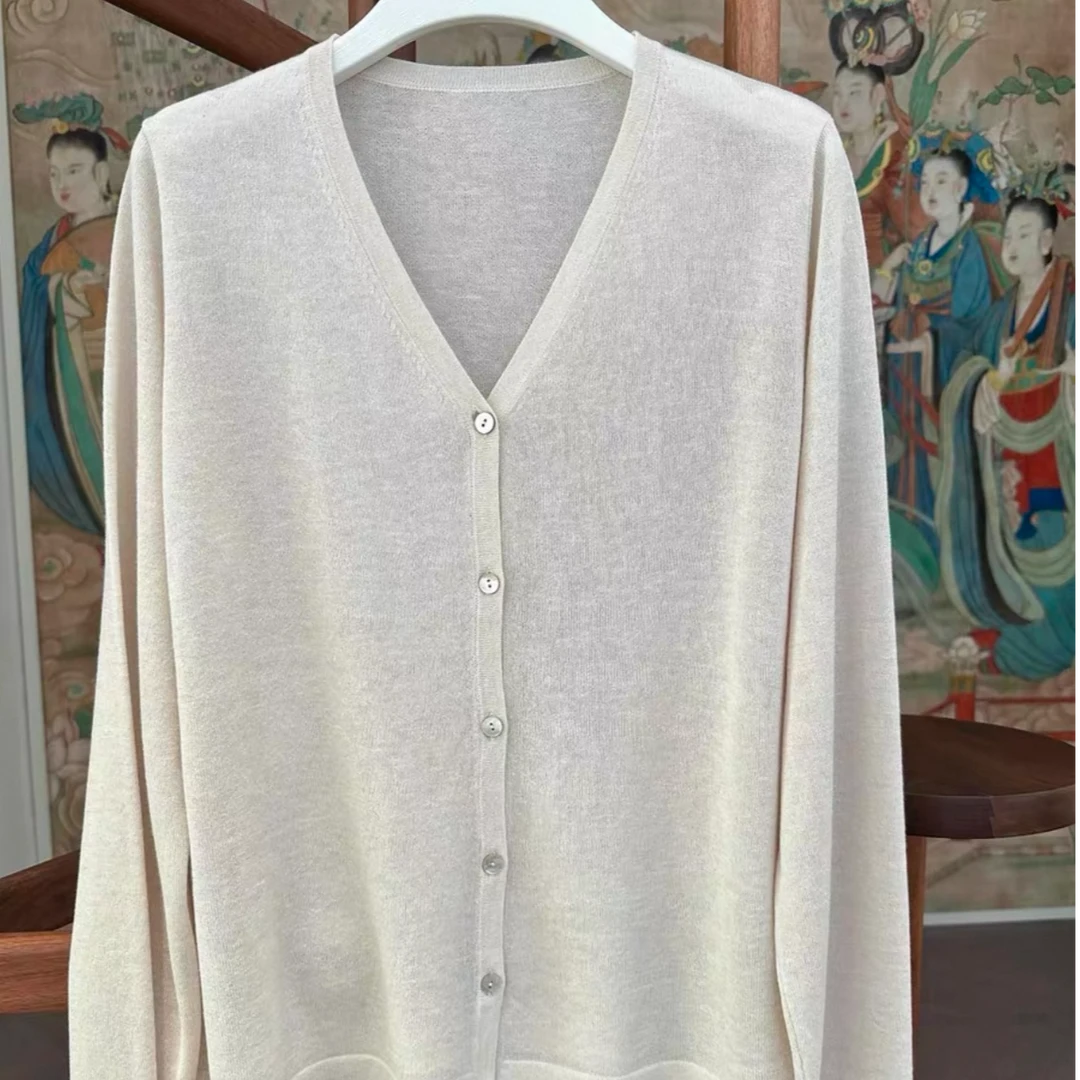 春夏真丝蚕丝羊绒极简针织长袖开衫