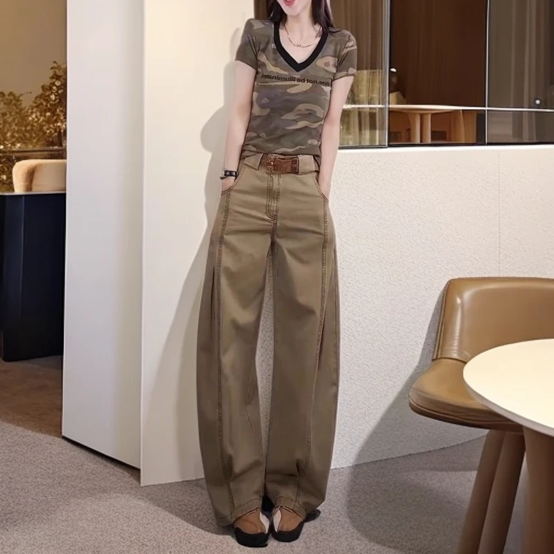 25521大爱美依缘新款时尚美式复古迷彩短袖T恤休闲工装裤女潮两件