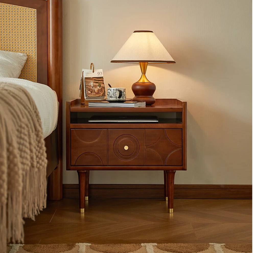 致典复古雕花实木床头柜卧室床头储物柜黄杨木家用小型床边收纳柜