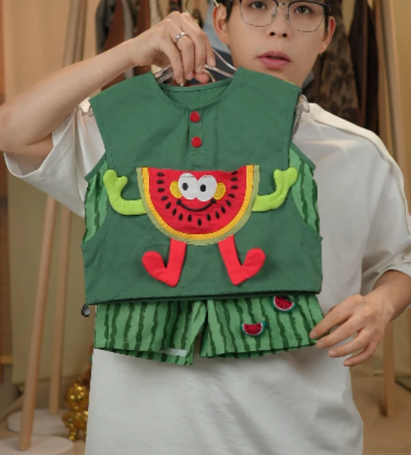 F【麦田】2025夏季新款刺绣西瓜太郎套装男女同款