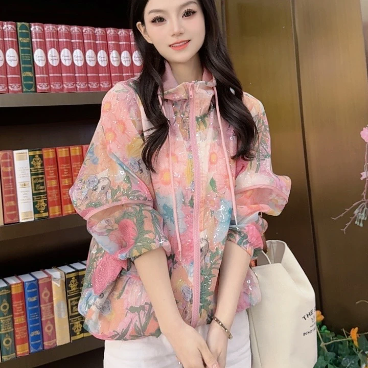 【小静】夏季新款宽松洋气薄款连帽碎花防晒女时尚小众潮25802
