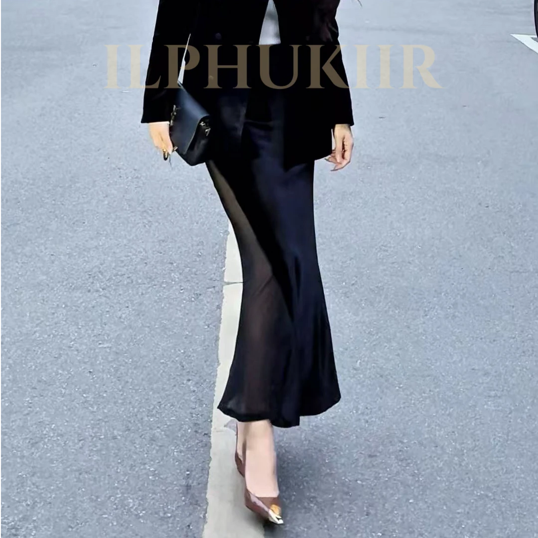 ILPHUKIIR 【半隐丝绒鱼尾】高腰无开叉丝绒拼接微透网纱鱼尾半裙