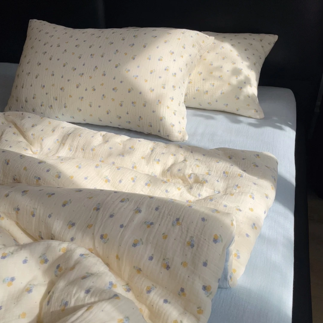 A类母婴级全棉双层皱皱纱四件套小碎花印花被套纯棉裸睡床上用品