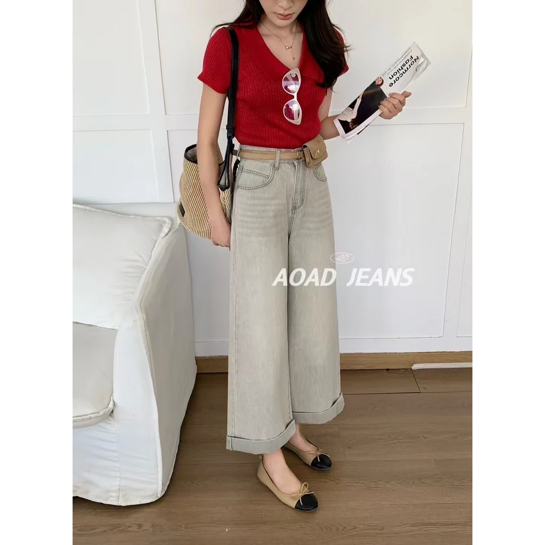 八分裤长裤高腰牛仔裤裤子设计感夏季显瘦秋季气质白色女装