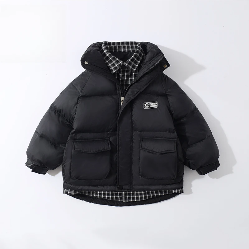 儿童假两件格纹拼接羽绒服立领070