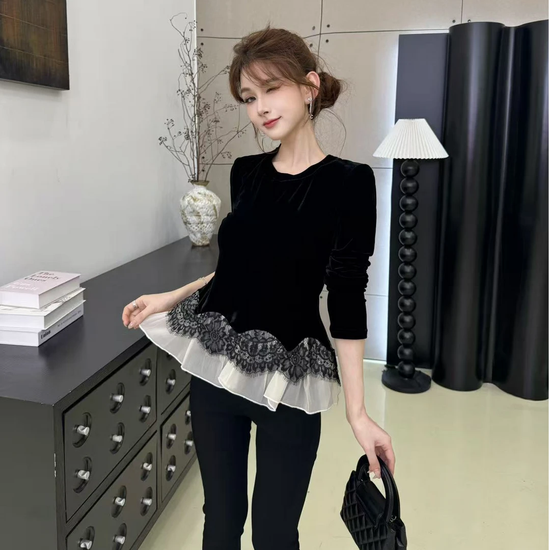【名媛千金】赫本风进口丝绒蕾丝拼接上衣
