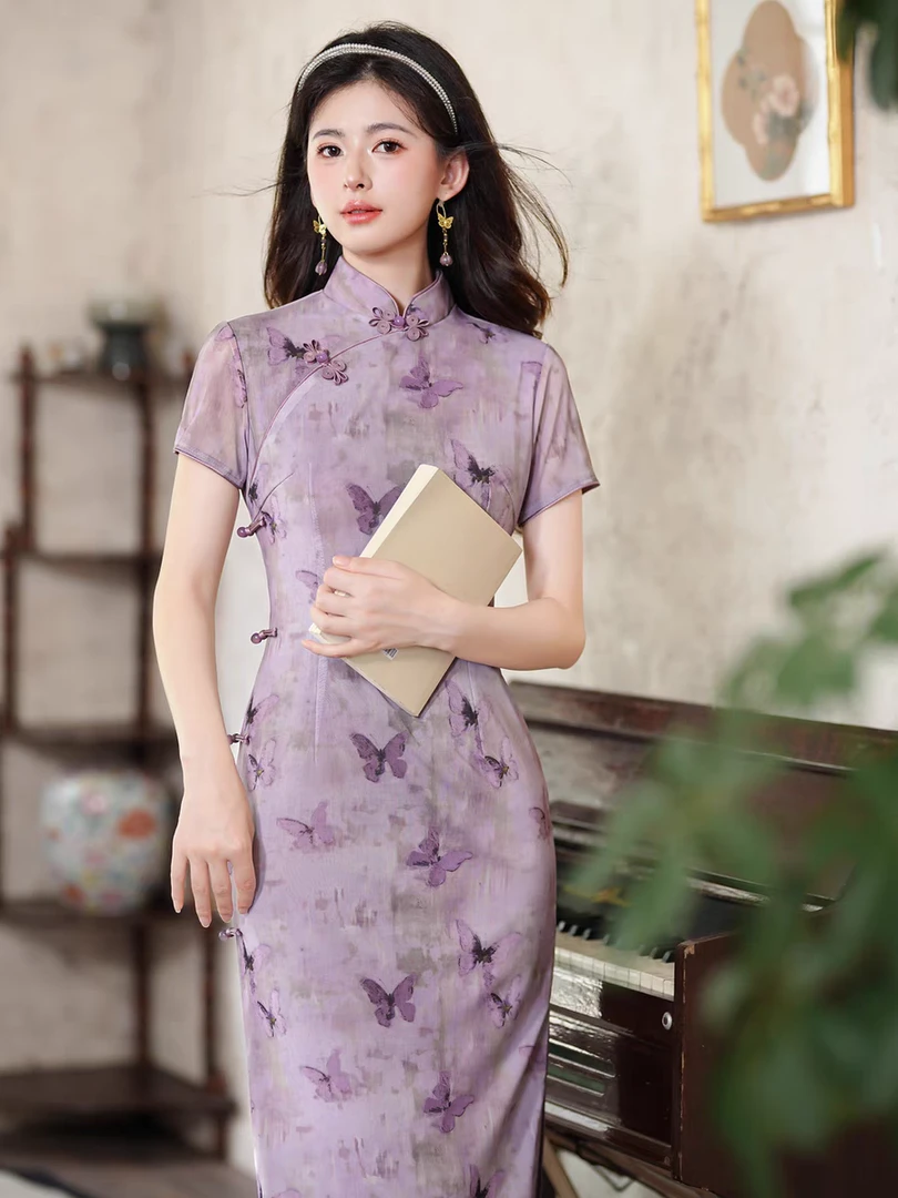 吴《紫蝴蝶》衣长120夏季新款紫色扎染双层弹力网纱低领气质旗袍