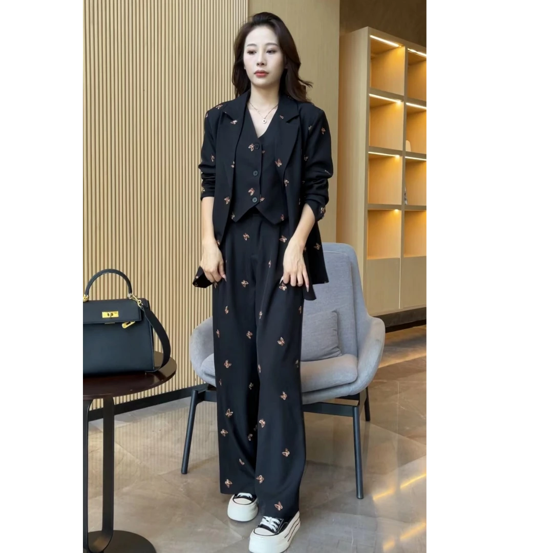 【梦婷家】精致感洋气休闲西装外套+马甲+西裤三件套-24508