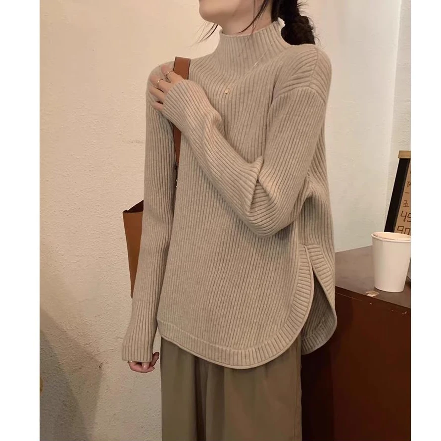秋冬大码慵懒风针织打底衫内搭胖mm设计感宽松半高领加厚毛衣上衣