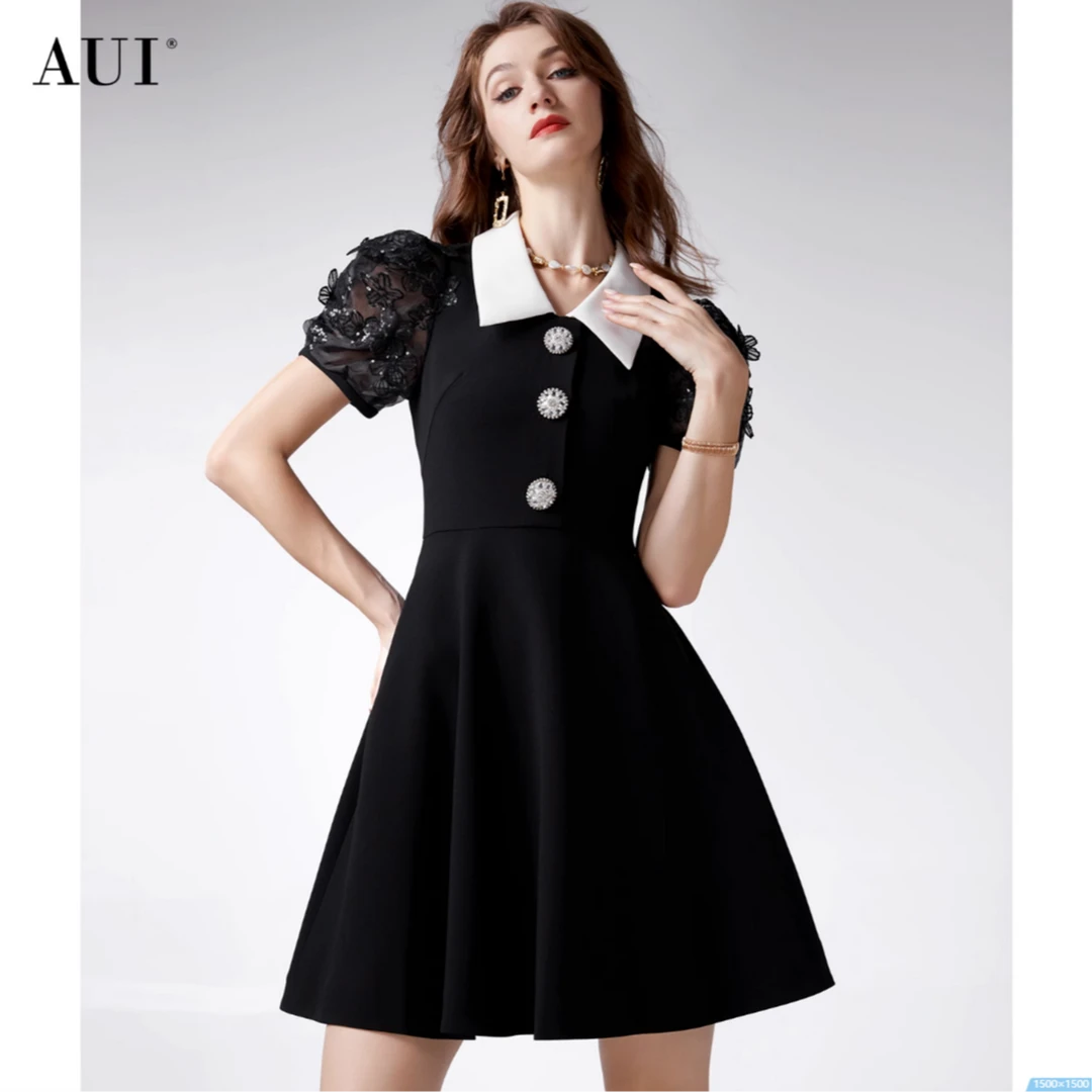 【黄蓉推荐】AUI黑色名媛气质连衣裙女泡泡袖A字裙-24W014639