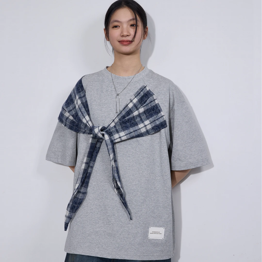 SAMEUOO散养文化「打结」设计感短袖t恤女蝴蝶结绑带百搭宽松撞色T