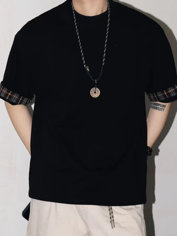 古休夏季新款纯棉T恤撞色宽松休闲时尚潮流百搭圆领半袖短袖大码