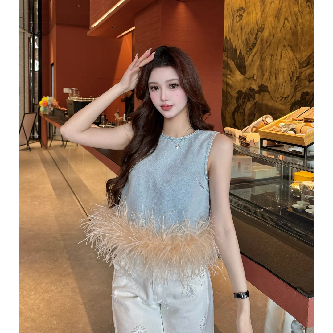 无袖牛仔上衣2025春夏款小香风可拆羽毛流苏设计气质名媛背心马夹