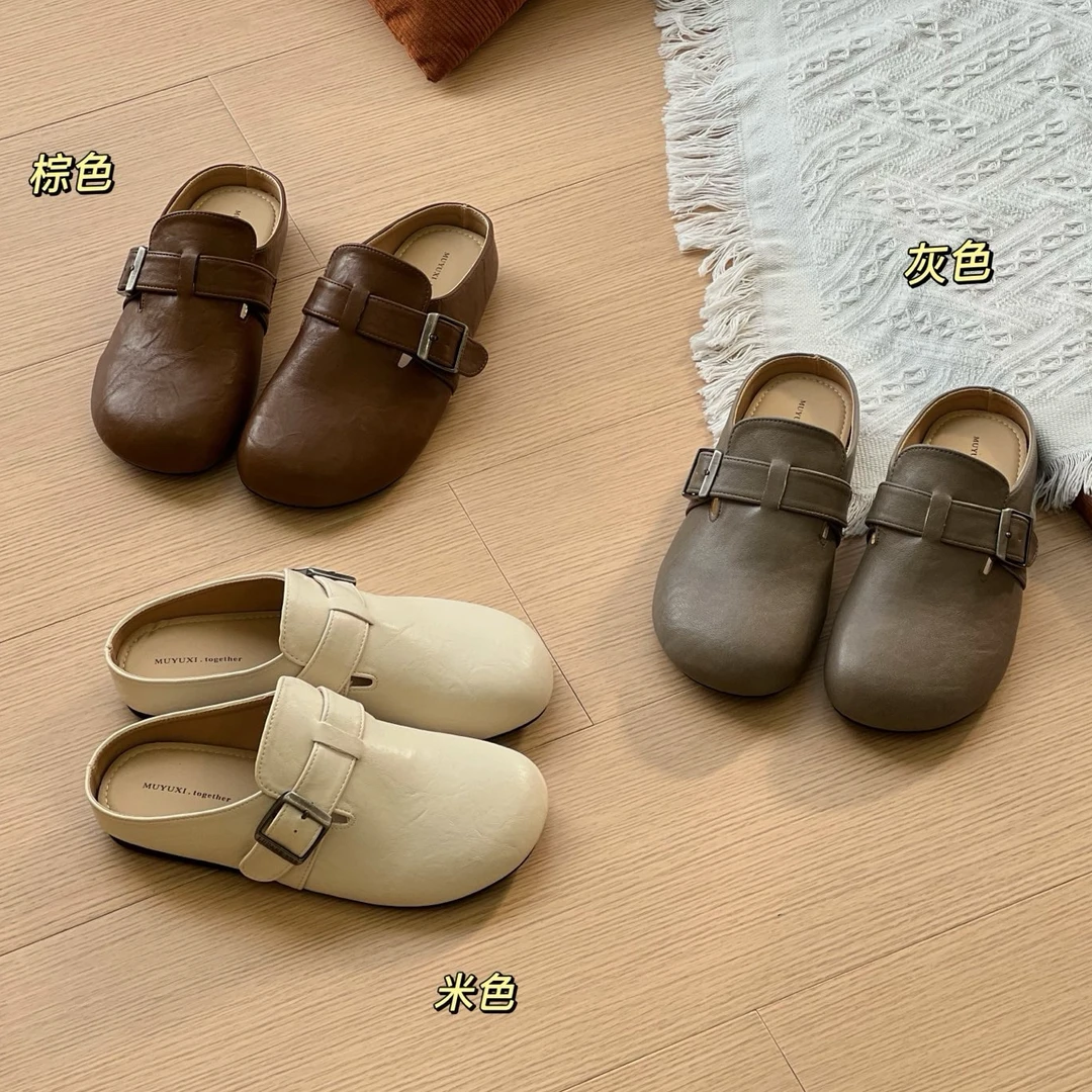 Liang Amanda/靓妲春款韩版皮带扣勃肯包头拖女百搭休闲平底拖鞋