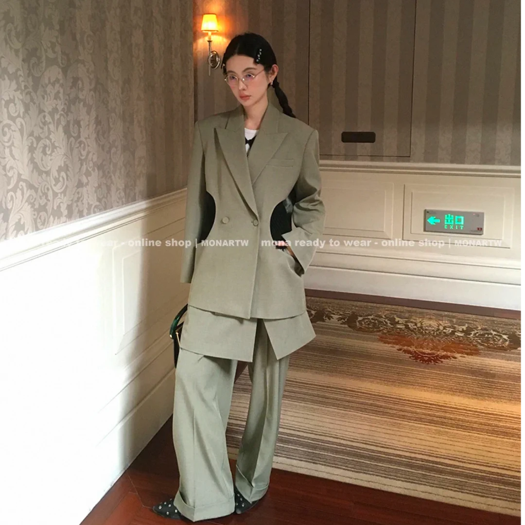 MONA 独特漂亮时尚休闲西装外套 中腰半裙裤子两件套装女小个子