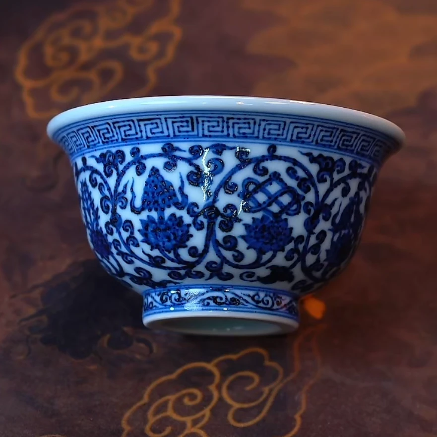 【宣乐沐谷】青花双勾莲八宝压手杯2.0