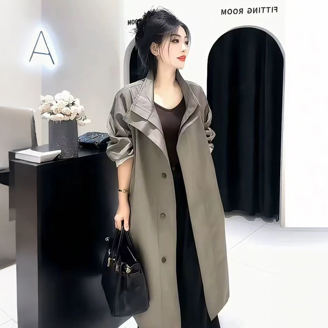 通勤风中长款风衣外套女2025春秋新款立领宽松上衣百搭时尚大衣