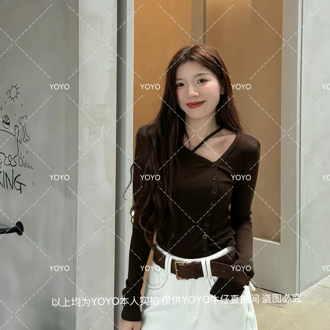 YOYO自制2【斜领单排扣】磨毛显瘦修身辣妹时尚小众设计感长袖上衣