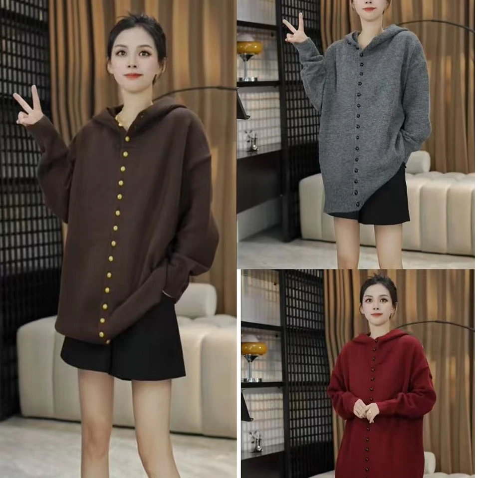 长袖毛衫女装休闲毛针织衫慵懒风连帽宽松针织厚款