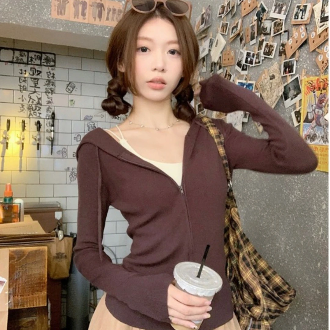 拉链连帽长袖针织开衫外套女夏季2025新款修身显瘦极简百搭毛衣潮
