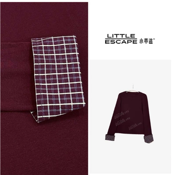 小乖逃休闲时尚酒红色T恤格子袖百搭款红色打底M8789