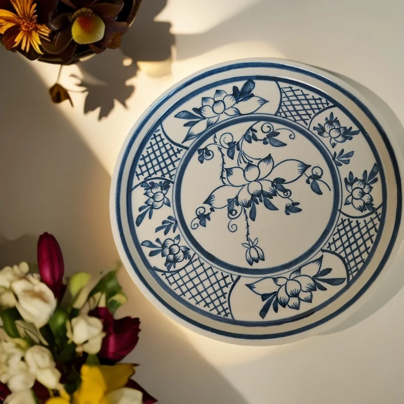 【耀州窑】【蓝花瓷】白底蓝花22-24cm微瑕手绘兰花陶瓷赏盘圆盘菜盘