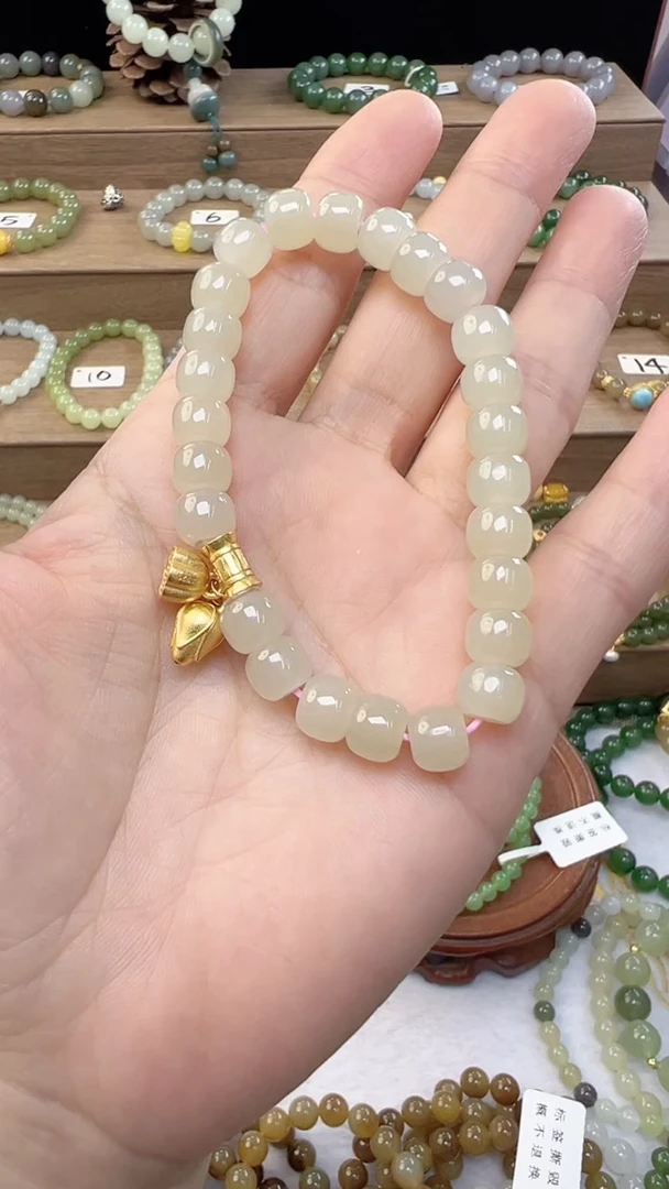 手链银S925镀金镶嵌和田玉8m藕粉