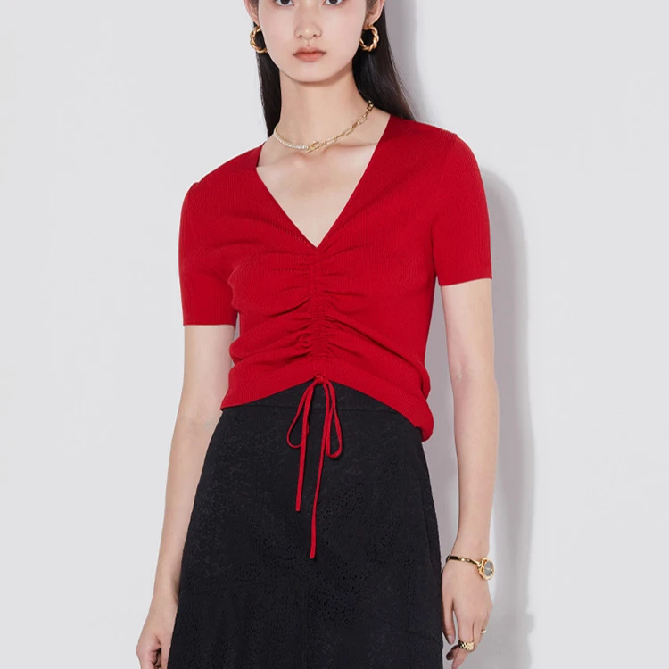 【曼德诗】百搭修身针织衫时尚褶皱设计感抽绳显瘦短袖T恤M710092