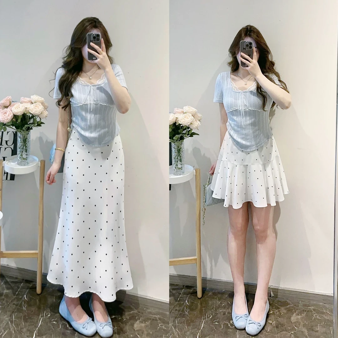 夏季气质蓝色上衣女+时尚休闲百搭显瘦修身白色波点裙女1391