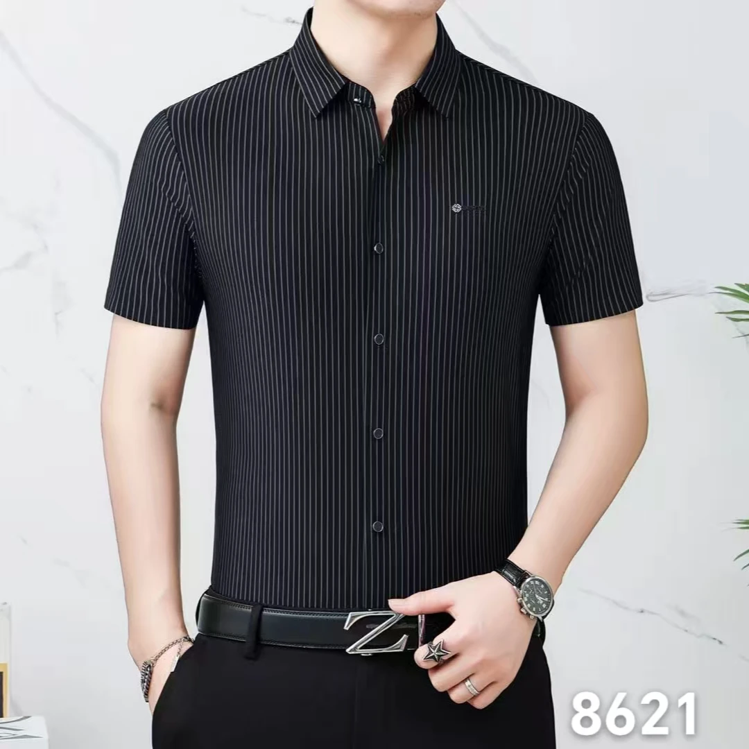 8621男士夏季竖条纹衬衫短袖薄款休闲时尚无痕男士商务短袖上衣