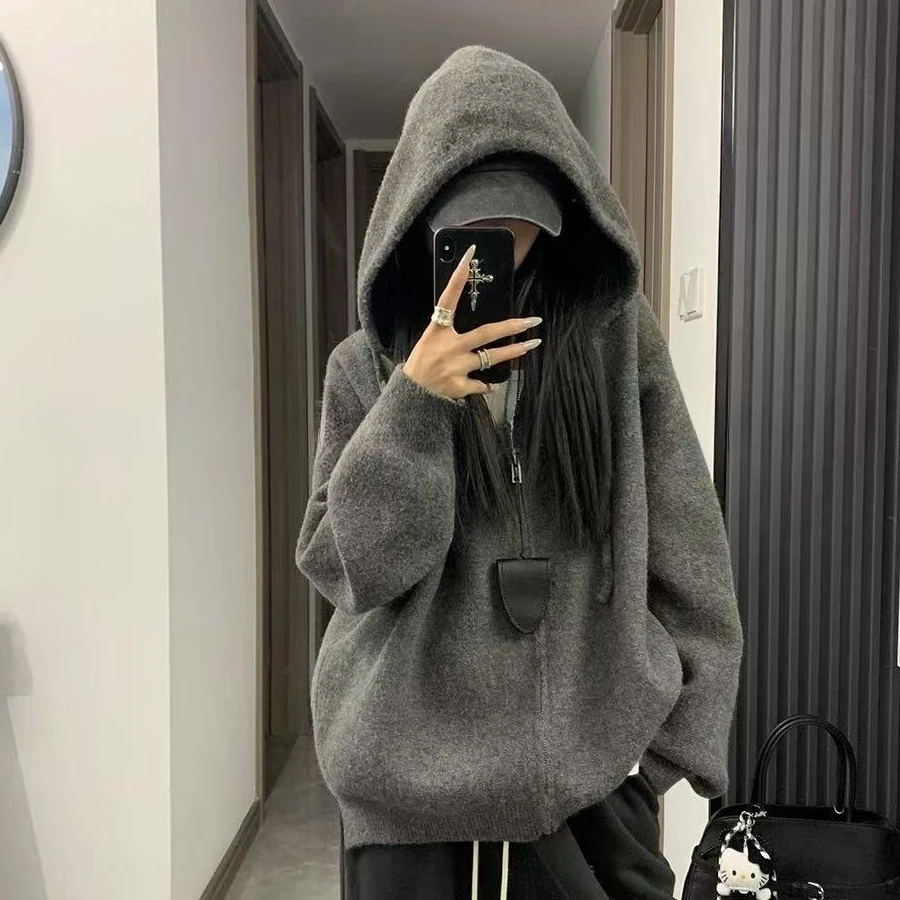 韩系灰色拉链连帽毛衣外套女秋冬软糯宽松慵懒风针织卫衣开衫上衣