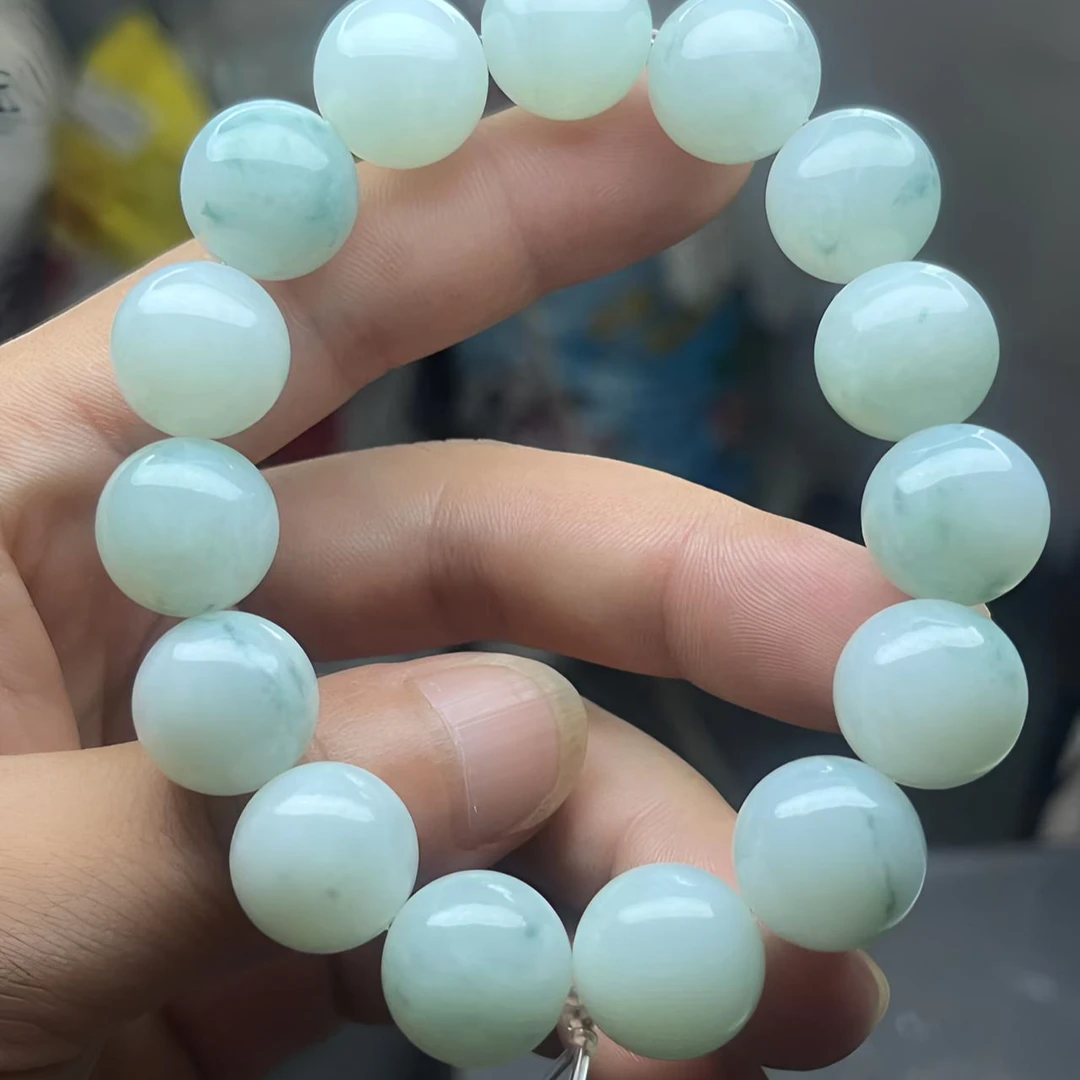 翡翠A货圆珠单圈玉手串，男士精美百搭，细糯化飘花，卡14.2左右