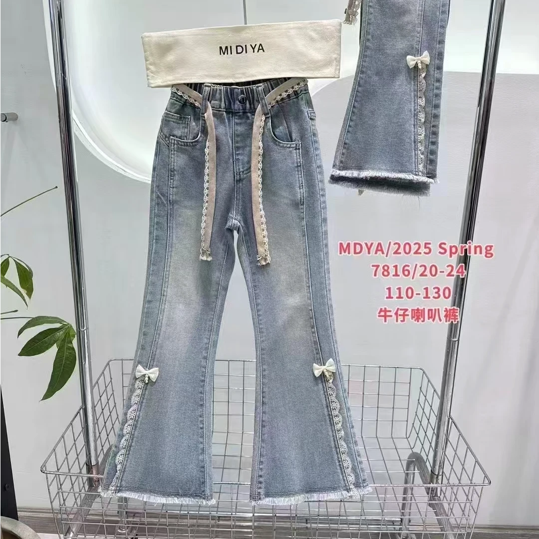女童裤子2025新款春秋时尚儿童中大童韩版女孩弹力花边牛仔喇叭裤