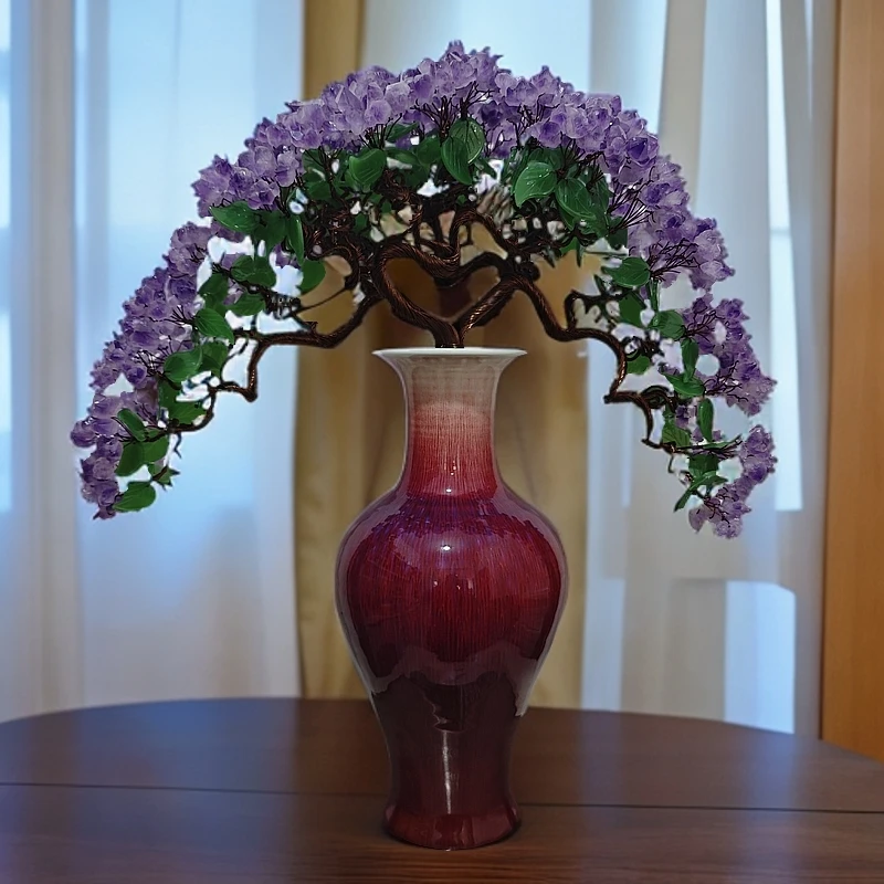 【卓越轻奢原创】福禄葫芦紫水晶树摆件陶瓷迎客松摆件纯手工