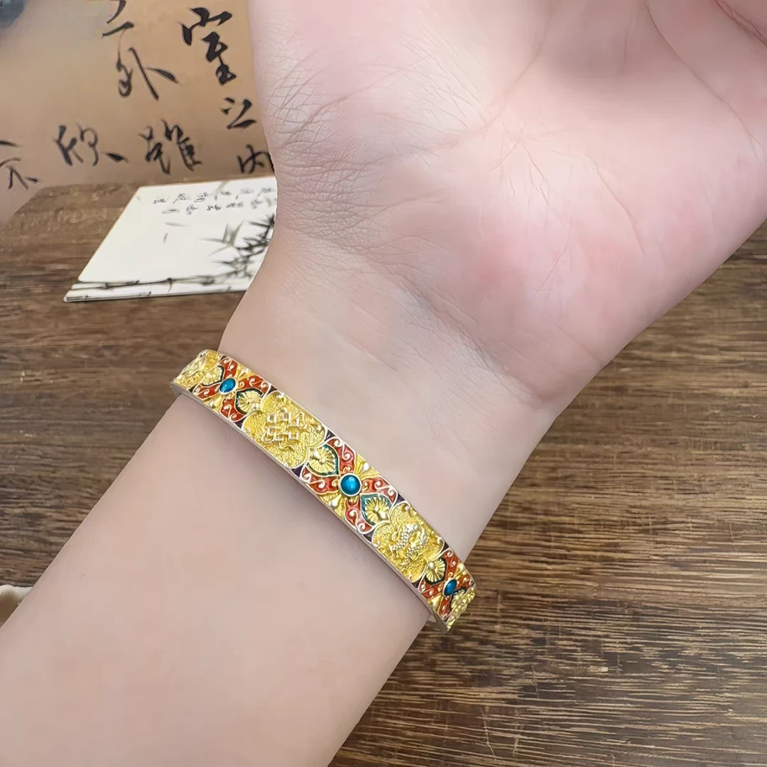 足银手镯 23号链接 足银描金八宝吉言手镯镯子新中式实心开口手镯
