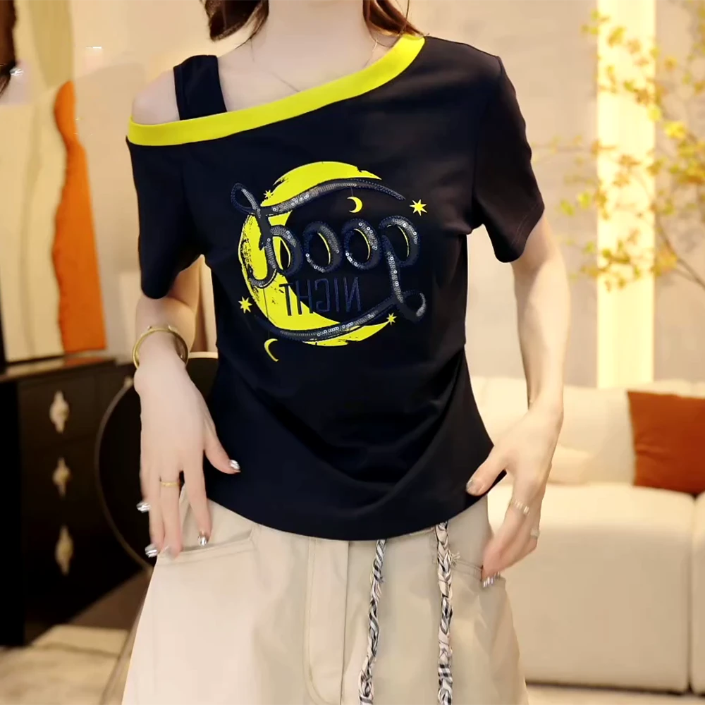 『氛围日记』夏季撞色假两件斜肩领时尚百搭短袖T恤上衣女