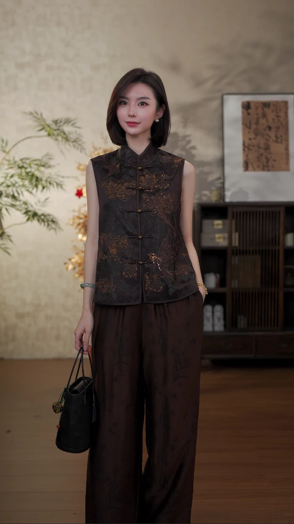 GONG QUE【云间凤】 新中式早春款桑蚕丝香云纱提花马甲 242637