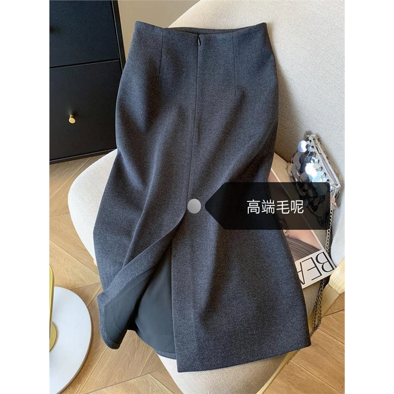 法式轻熟气质大码灰色半身裙2025早春通勤高腰后开衩直筒西装长裙