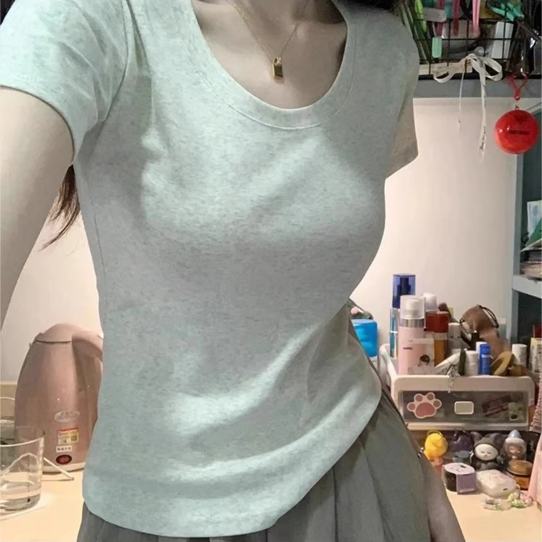 纯色夏季显瘦修身短袖T恤女ins辣妹2025不规则设计感百搭打底上衣