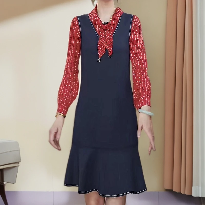 H2134 秋季新款减龄假两件裙子撞色时尚连衣裙显瘦高级L16