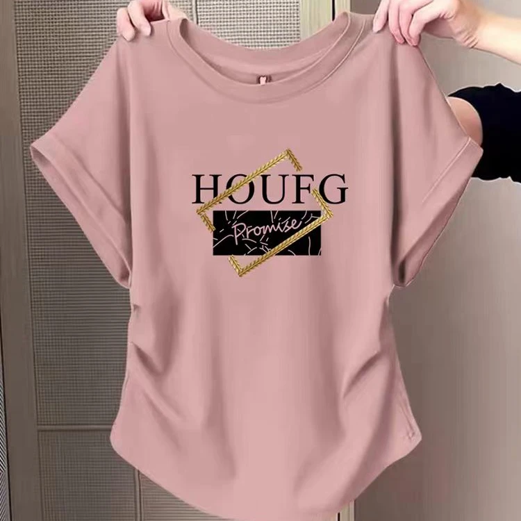 小飞袖褶皱正肩短袖t恤女夏季新款设计感收腰显瘦圆领上衣女款潮