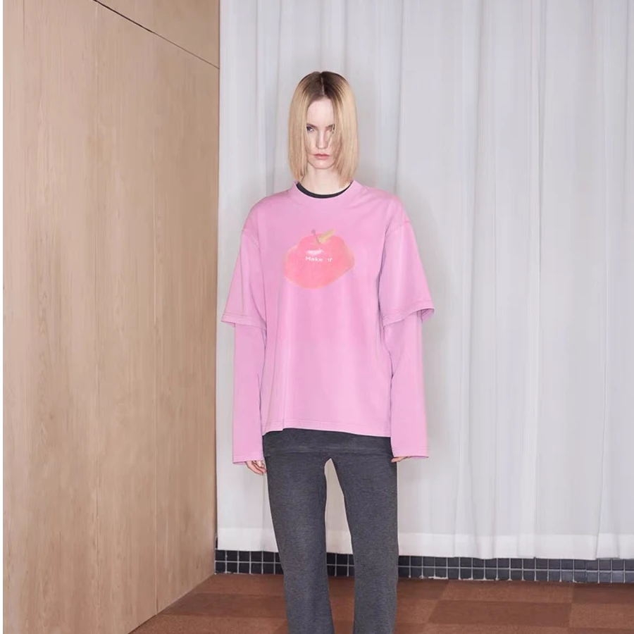 MAKE IF 设计师品牌25春寓意满满新年躺苹(平)假两件长袖水洗T恤