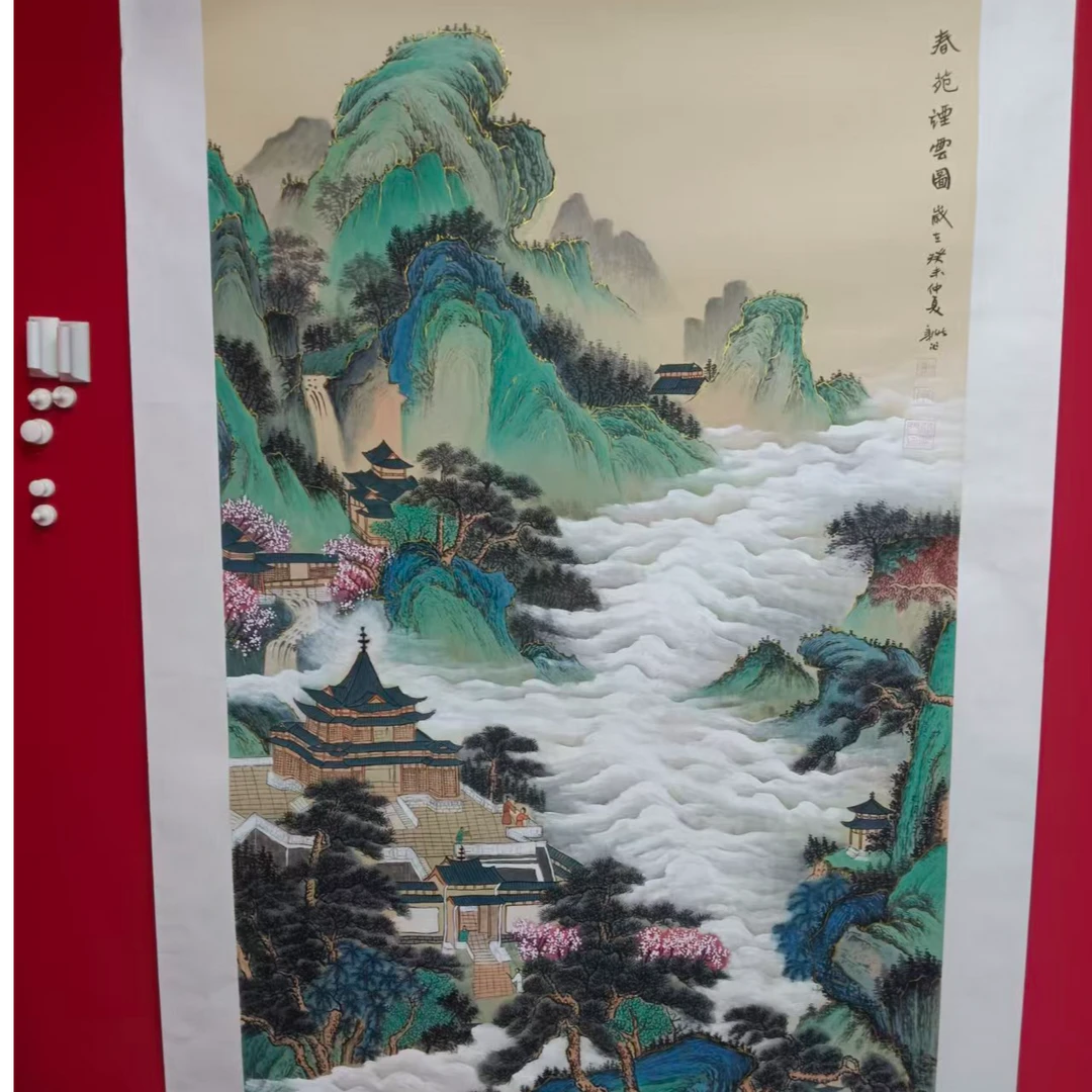 李新社手绘宣纸六尺竖幅春苑烟云山水画
