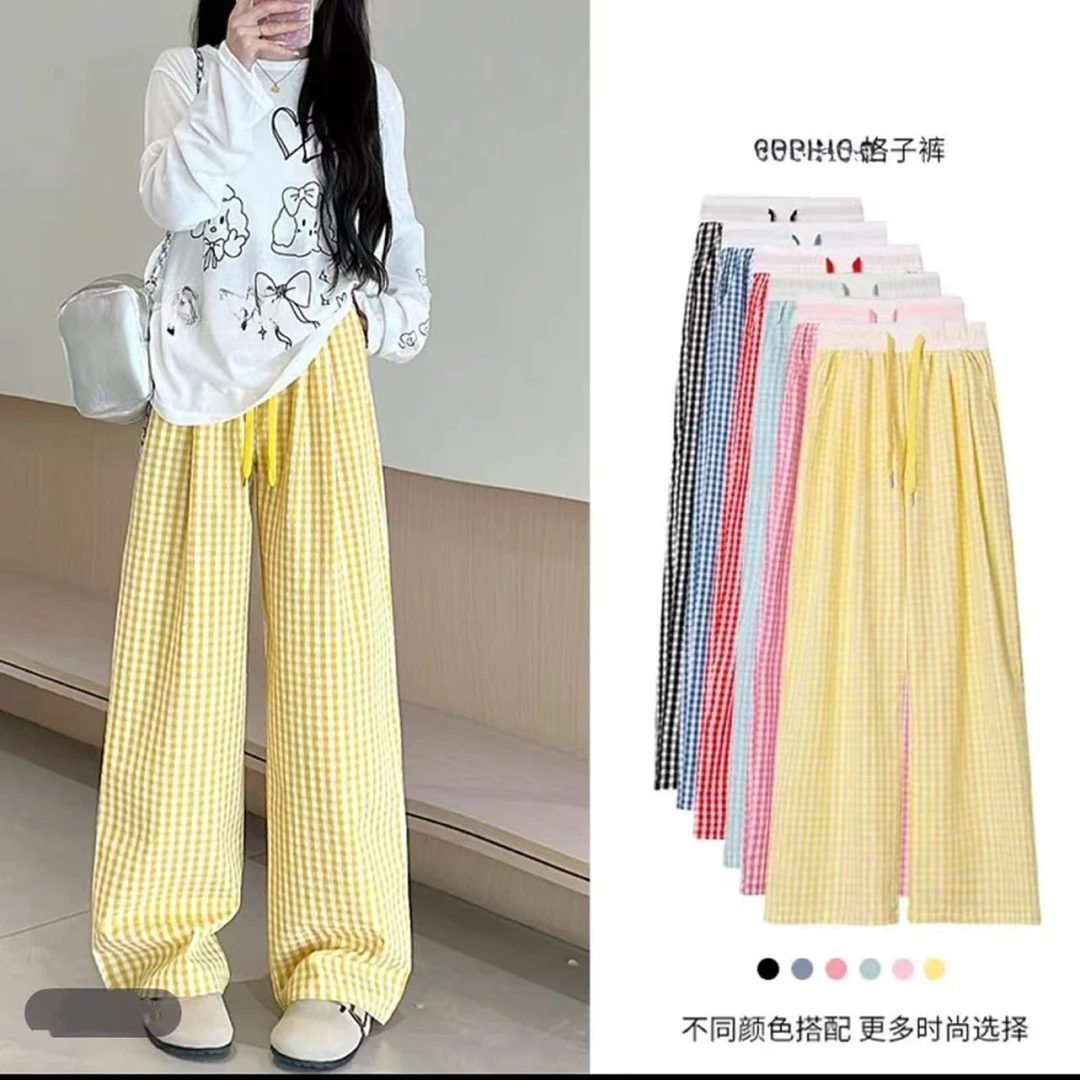 A061女童夏季2025薄款格子裤慵懒休闲裤高腰宽松撞色直筒阔腿裤