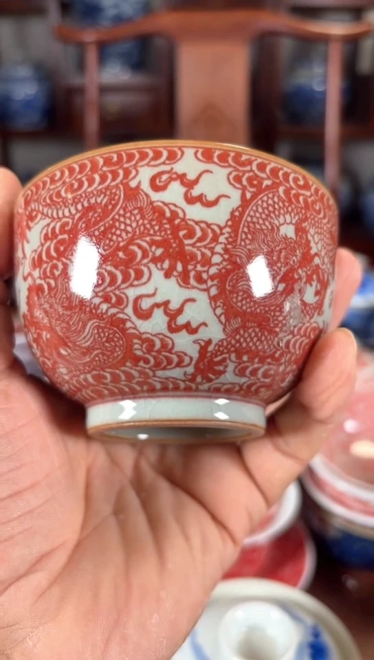 柴窑釉里红九龙杯杯